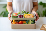 Healthy lunch box with fresh vegetables and fruits in woman's hands