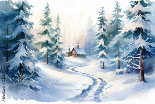 Idyllic winter landscape with snow-covered cabin and trees. Seasonal background.