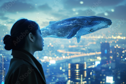 Woman experiencing surreal encounter with whale in urban dreamscape. Surrealism and fantasy.