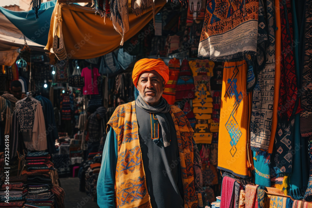 Market vendor man in traditional attire at colorful textile stall. Cultural diversity and commerce.