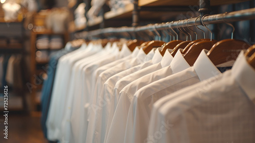 White men shirts hanging on rack in a row. Men clothing shop boutique salon. generative ai