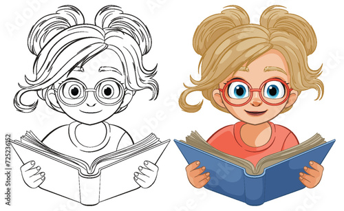 Colorful vector of a young girl reading a book
