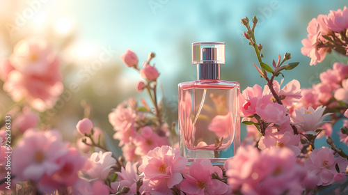 Transparent bottle of perfumeand pastel pink flowers on nature background. Floral perfume bottle with blooming flowers. Elegant luxury fragrance presentation with daylight. generative ai