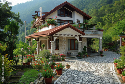Charming country house with floral garden in mountain landscape. Rural architecture.