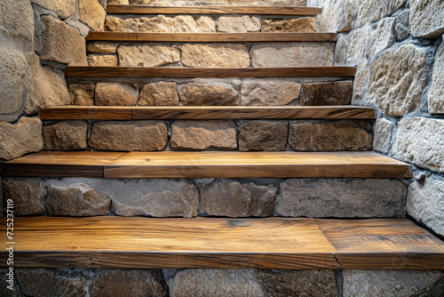 Rustic wooden staircase in stone wall interior. Architecture and design.