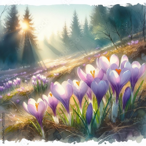 Close-up of a group of gently blooming pink crocuses on a hill. The morning sun rises, breaking through the fir trees. Watercolor drawing