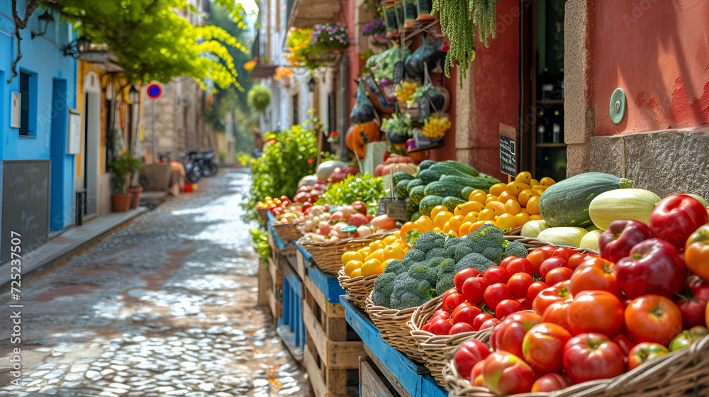 Street outdoors market of natural products. Small local farmer shop of fruits, vegetables in street of Spanish city in sunny day. Detail of Spain. generative ai