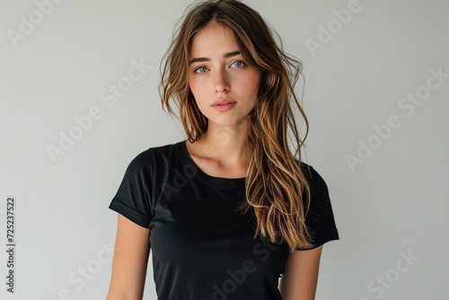 Mock Up Beautiful Woman In Black Tshirt And Jeans On White Background photo