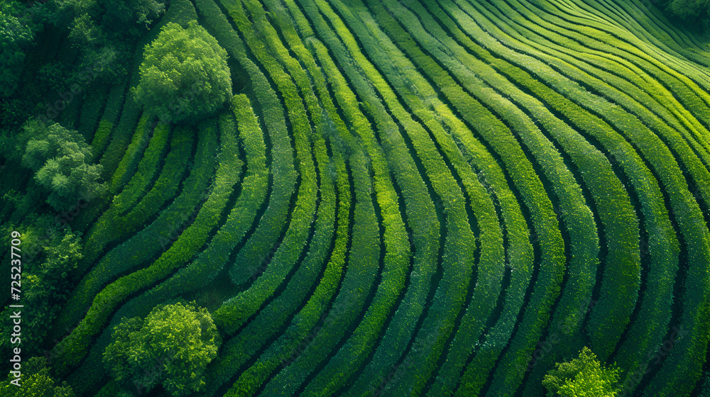 Tea field green plantation agriculture background top leaf farm landscape pattern drone. Organic field mountain green plant tea table view wooden product aerial display farmer wood fresh harvest land. - obrazy, fototapety, plakaty 