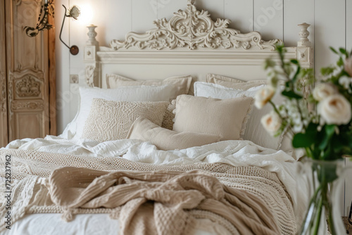 Elegant bedroom interior design with plush bedding and floral decoration. Home comfort and style.