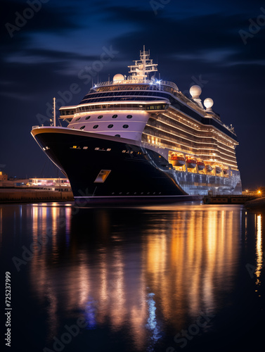 Cruise Ship at Docks in Dark Blue Night Sky