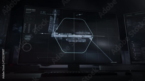 A small port is being observed by the military agents. Satellite footage is used. The boats are scanned for activity. Analyzing position. Recording data. Computer user interface.