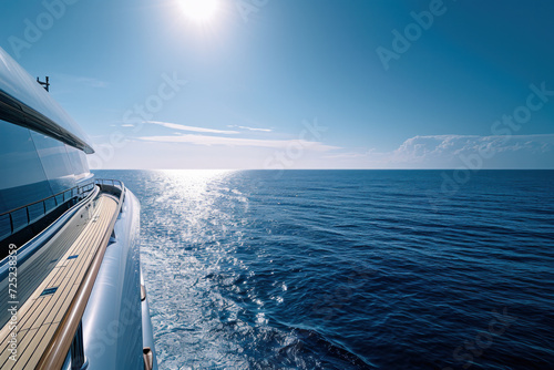Luxury yacht cruising on open sea. Adventure and travel. © Postproduction