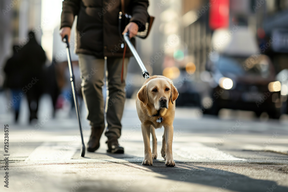 Guiding dog assisting blind man crossing street. Assistance and companionship. Guiding dog assisting blind man crossing street. Assistance and companionship.