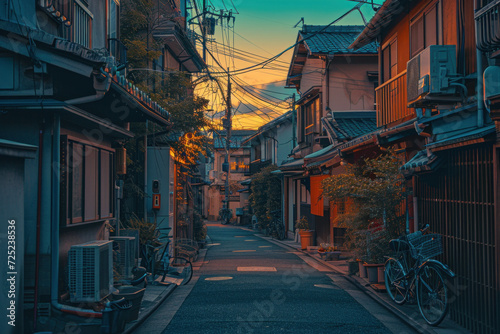 Quiet residential street at dusk with traditional houses. Urban tranquility. © Postproduction