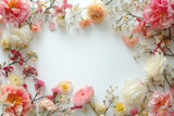 Beautiful floral frame with colorful blossoms and green leaves for background