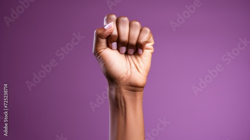 woman hand reaching over solid purple background.