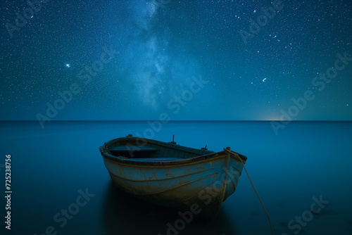 A wooden boat moored by the sea at night, overlooking the starry sky.