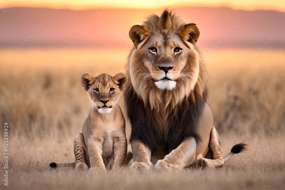Lion and lion cub sitting, portrait of wild animals in natural. africa Lion and lion cub sitting, portrait of wild animals in natural. africa