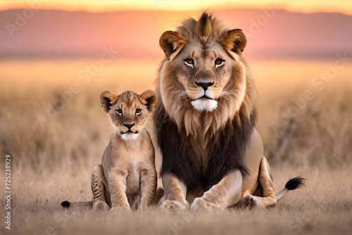 Lion and lion cub sitting  portrait of wild animals in natural. africa