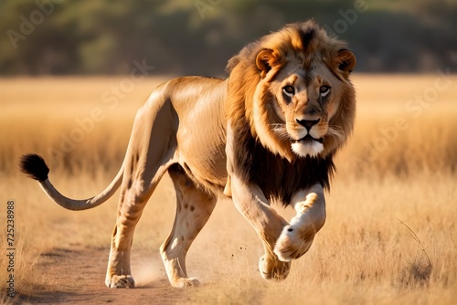 Lion and lion cub running, portrait of wild animals in natural. africa