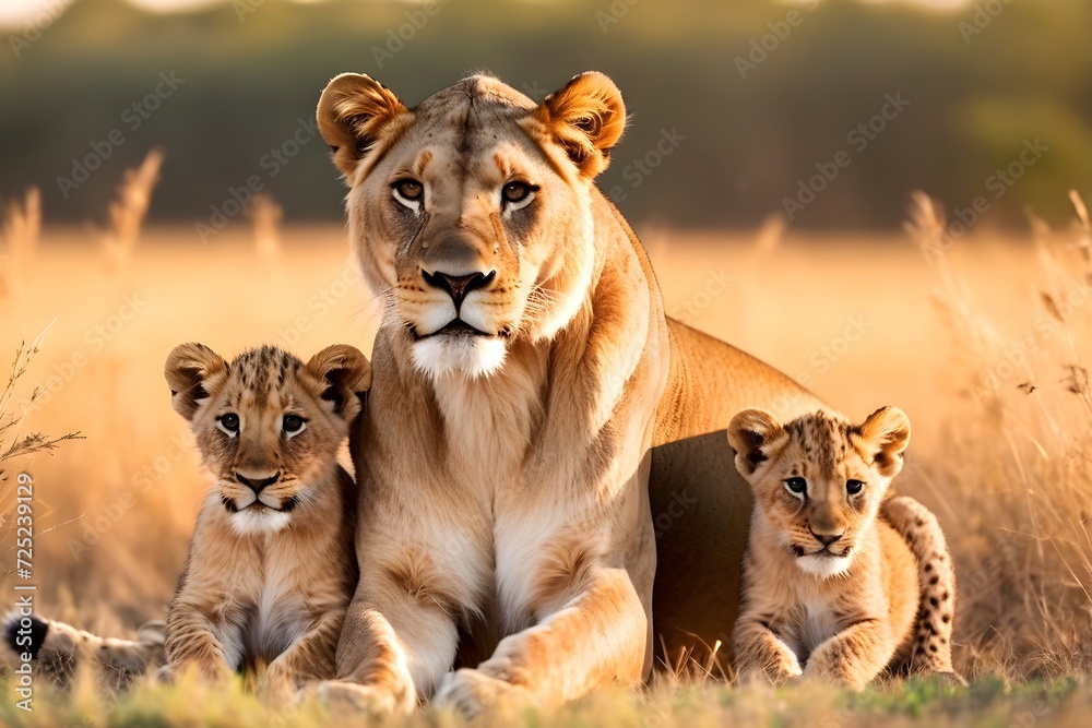 Lion and lion cub sitting, portrait of wild animals in natural. africa Lion and lion cub sitting, portrait of wild animals in natural. africa