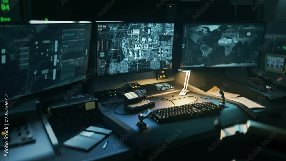 Satellite tracking computer tech used in army control room. Operating satellite tracking computer program to find the enemy. Satellite location tracking computer system detects target power station.
