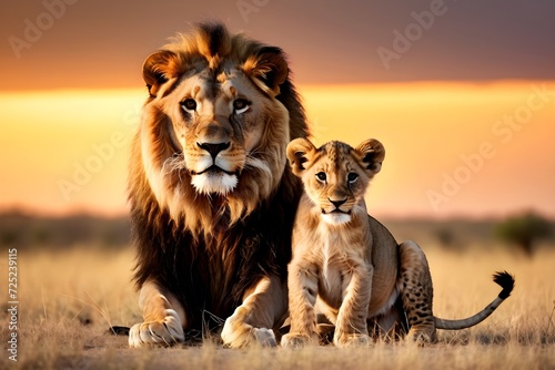 Lion and lion cub sitting, portrait of wild animals in natural. africa © pornpun