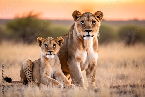 Lion and lion cub sitting, portrait of wild animals in natural. africa © pornpun