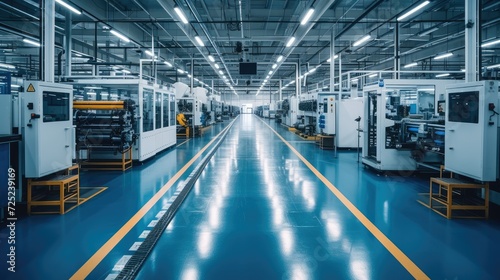 In a spacious and bright industrial plant, an advanced mechanical equipment is efficiently producing the latest electronic product. Generative AI.