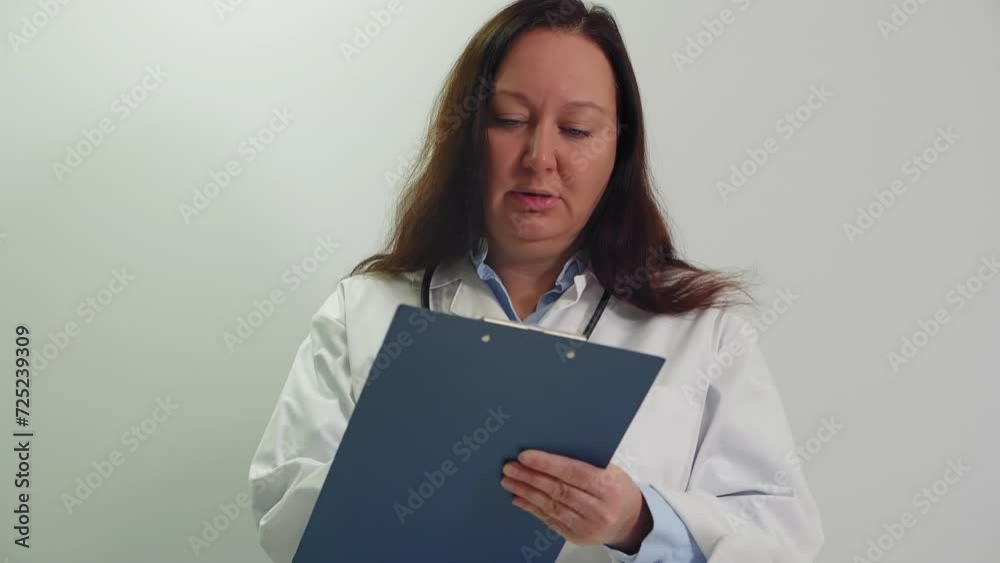 Mature doctor writing on clipboard. Female practitioner working in clinic. She is standing against wall at hospital. Mature doctor writing on clipboard. Female practitioner working in clinic. She is standing against wall at hospital.