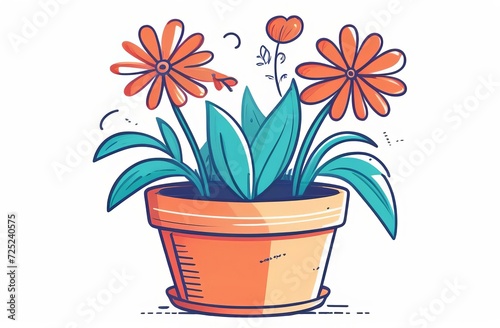 Flower with leaves in pot on white background. Gardening concept. Cartoon minimal style flowerpot for house