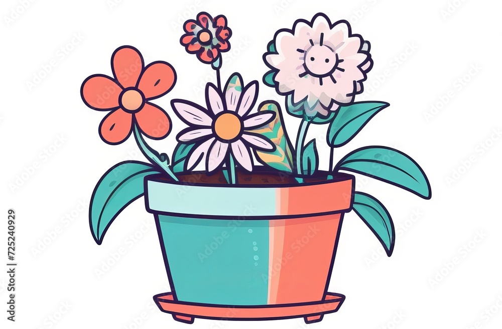 Flowers in pot on white background. Gardening concept. Cartoon minimal style flowerpot for house