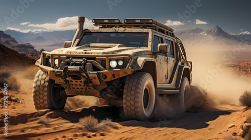 Advanced military reconnaissance vehicle navigating rough desert terrain during a reconnaissance mission