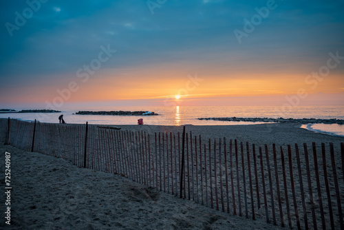 start of day possiblities  a dog walker and dog on sandy beach at sunrise  room for text shot kew beach toronto in winter