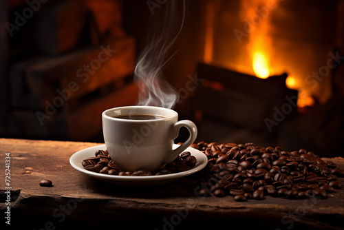 cup of coffee with beans and fireplace hygge