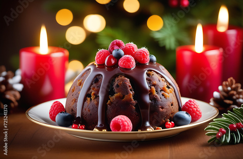 Delicious Christmas cake decorated with berries on the background of lit candles and lights