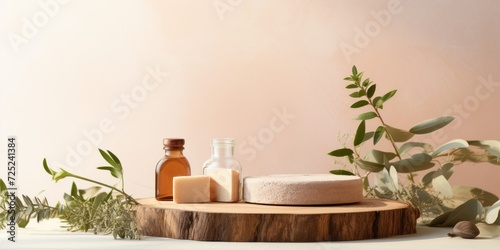 Eco-friendly wood slice display for natural cosmetic products.