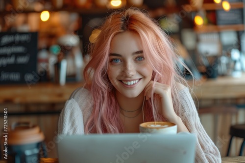 Happy girl with pink hair drinks coffee in a cafe with laptop. Generative AI.