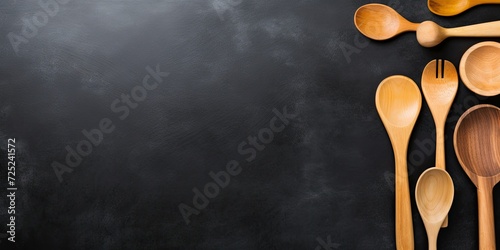 Top view of kitchen utensils on black chalkboard background, with free space for text.