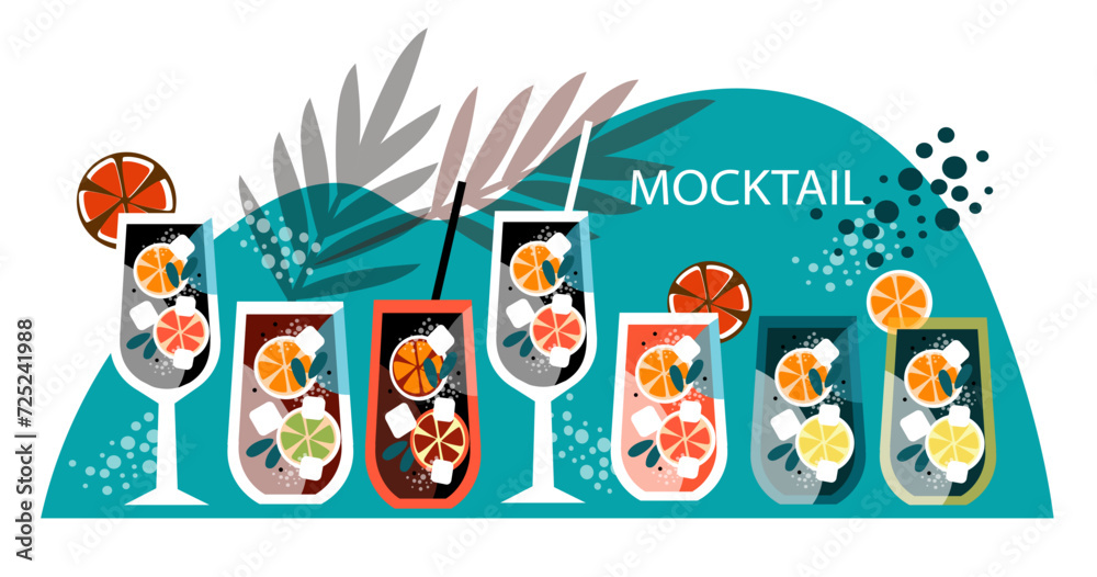 Set wineglass Mocktail with orange. Non-alcoholic cocktail with citrus fruits and mint. Beach kitchen. Cool summer drinks. Vector illustration in the flat style.