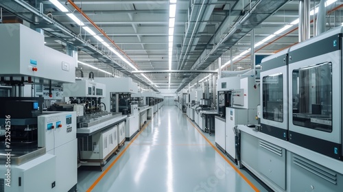 Modern production hall, many machines. Generative AI. photo