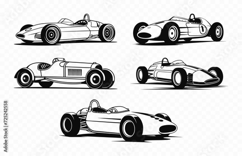 Vintage racing car Vector outline Silhouette Set, Speed Car Sketch black illustration Bundle
