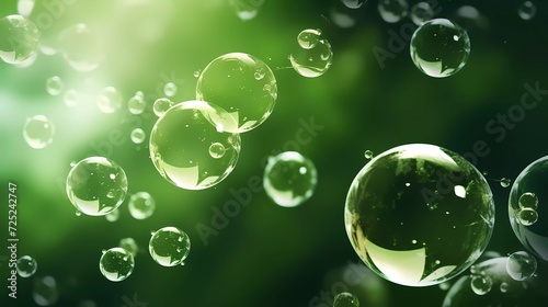 transparent bubbles on green background. generative ai