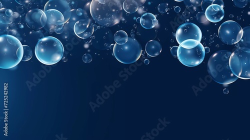 transparent bubbles on dark blue background. generative ai