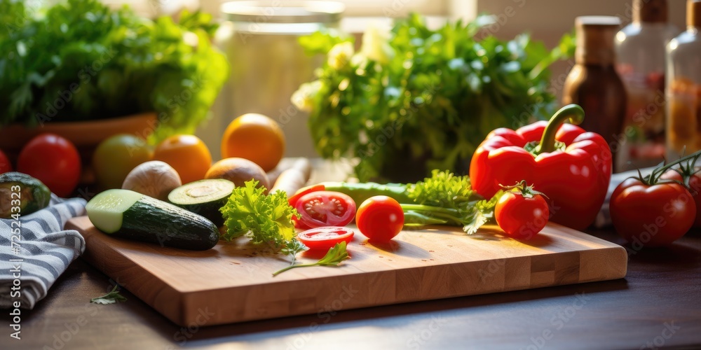 Photo of kitchen table with wooden cutting board and fresh veggies on it in kitchen