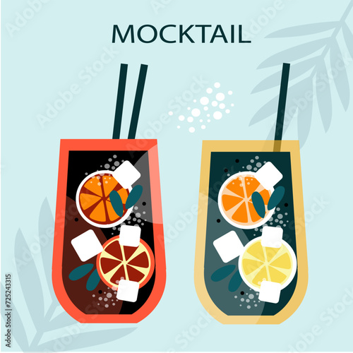 Mocktails Cocktails posters, menu. Mojito, margarita, pina colada, mimosa, negroni and aperol spritz. Non alcohol drinks. Vector illustration