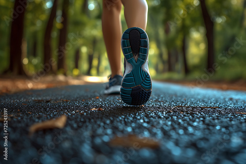 close-up of legs in running shoes jogging in the park, summer green lifestyle background