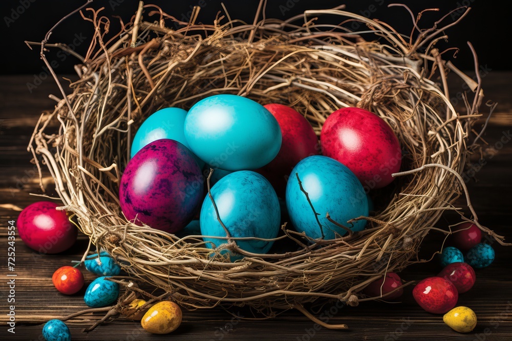 Colorful easter eggs in neat on plank wooden background with space.