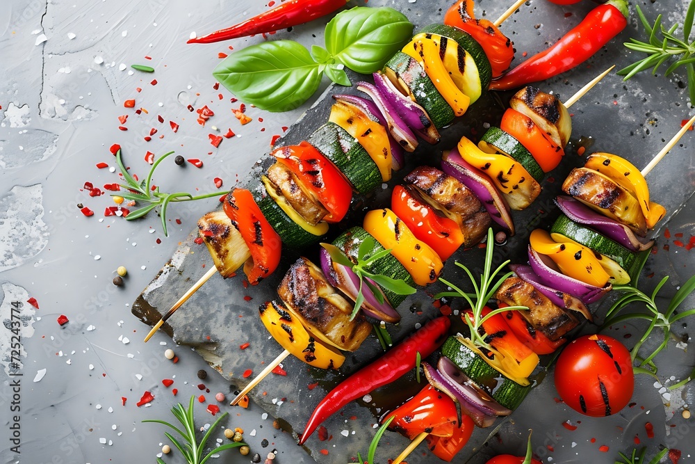 kebab of grilled vegetables on a concrete table